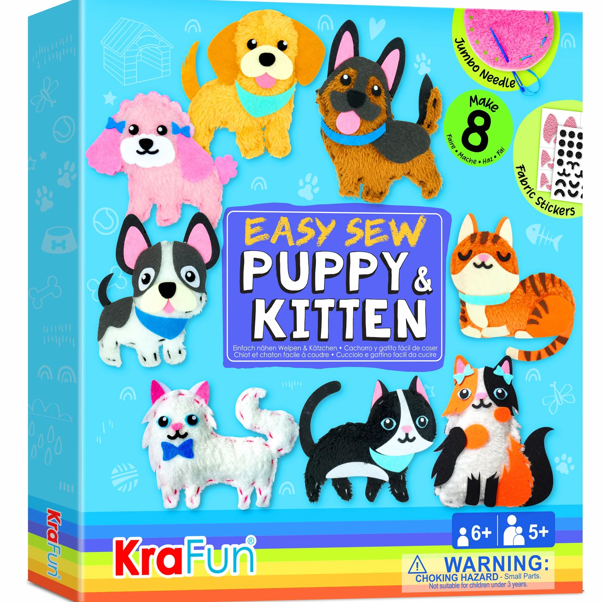 KRAFUN Kit da Cucito Cuccioli e Gattini per Bambini 5+ Anni, 8 Progetti Fai da Te (Cani, Gatti), Feltro, Istruzioni, Scatola Riutilizzabile, Giocattolo Educativo