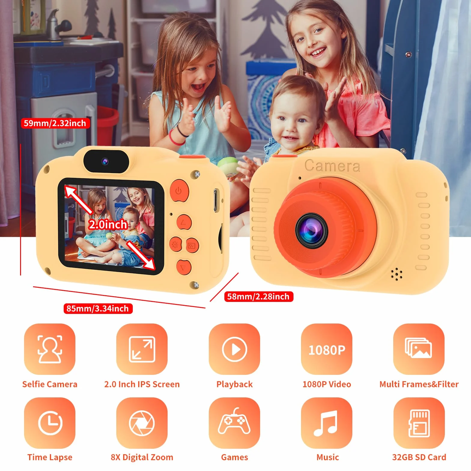 GlobalCrown Macchina Fotografica Bambini,Mini Ricaricabile Fotocamera Digitale Giocattoli per bambini Videocamera Regali per Ragazze Ragazzi da 3-8 Anni,12MP Video HD Schermo (Scheda 32 GB inclusa)