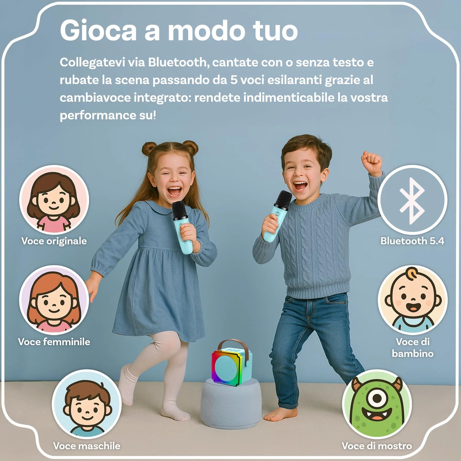 Macchina Karaoke per Bambini con 2 Microfoni Wireless di MMOBIEL – Portatile Cassa Bluetooth, 2 Microfono, Luce LED, Effetti Vocali – Giocattolo Musicale, Regalo per Ragazze, Ragazzi, Bambini 3+, Blu