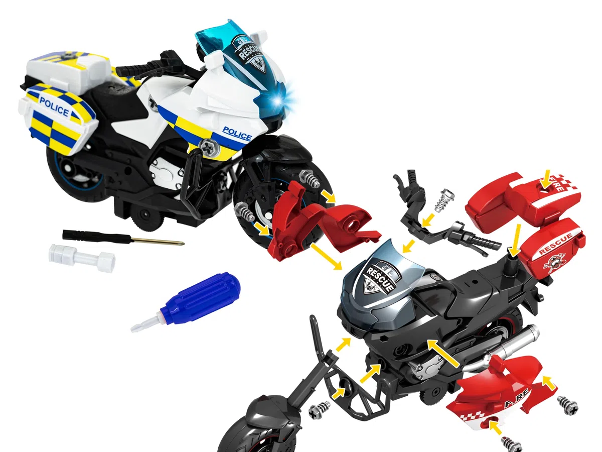 Teorema PLAY CITY Moto Smonta Rimonta per Bambini, Polizia e Vigili del Fuoco, con Luci e Suoni, Movimento a Frizione, Scala 1:20, Con Cacciavite per Bambini, Livrea Assortita