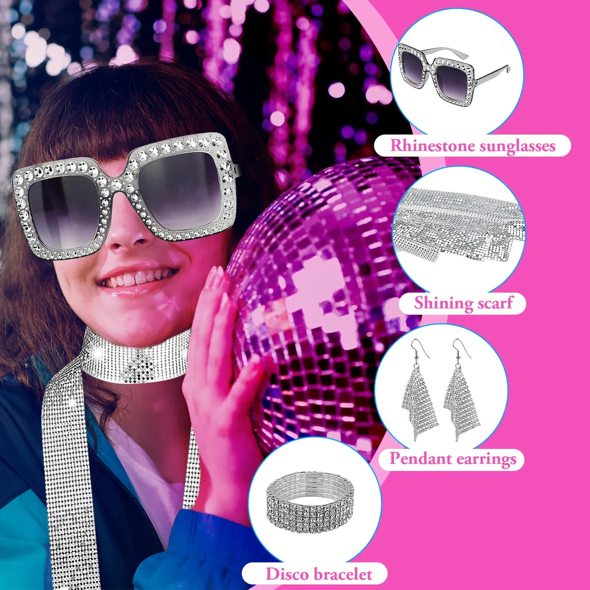 Set di accessori per costume da discoteca anni '70, costume da discoteca anni '70, per donne e ragazze, con paillettes, sciarpa, orecchini, montatura spessa, occhiali da sole e braccialetto, kit per