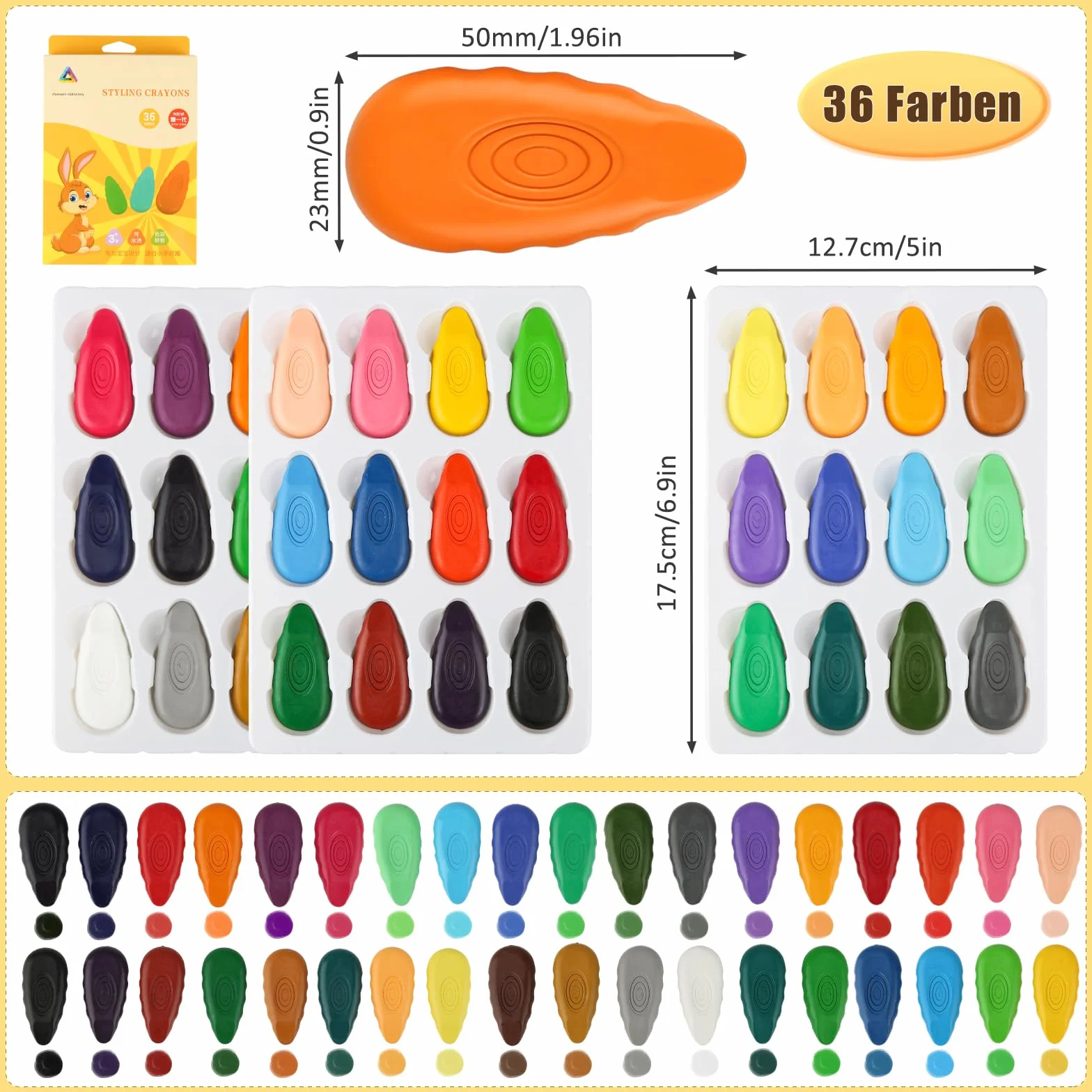 36 colori pastelli a cera per bambini piccoli, pastelli lavabili, pastelli a cera impermeabili, facili da tenere, sicurezza e non tossici, gessetti a cera per fai da te, graffiti scolastici