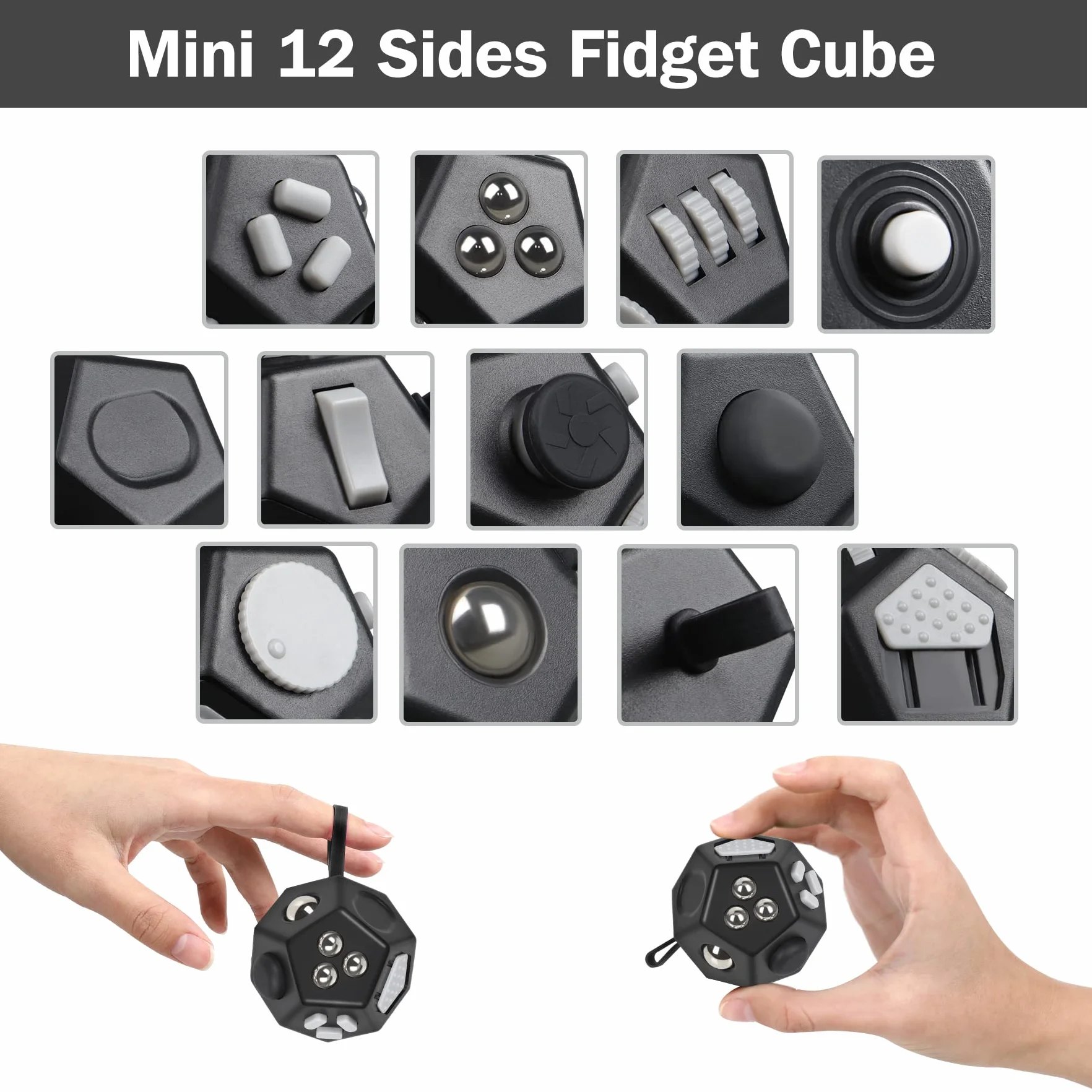 VCOSTORE Mini Fidget Cubo da stress a forma di cubo, 12 lati, per alleviare l'ansia, portatile, per bambini e adulti, con ADHD ADD OCD autismo (nero)