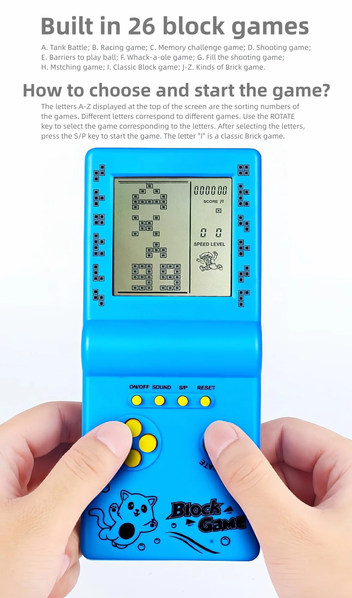 Retrò Blocca la console di gioco Giochi multipli Livello/velocità regolabile Consolle portatile Gioco di mattoni Gioco di puzzle Giocattoli elettronici Bambini/amici/regali di festa (Blue)