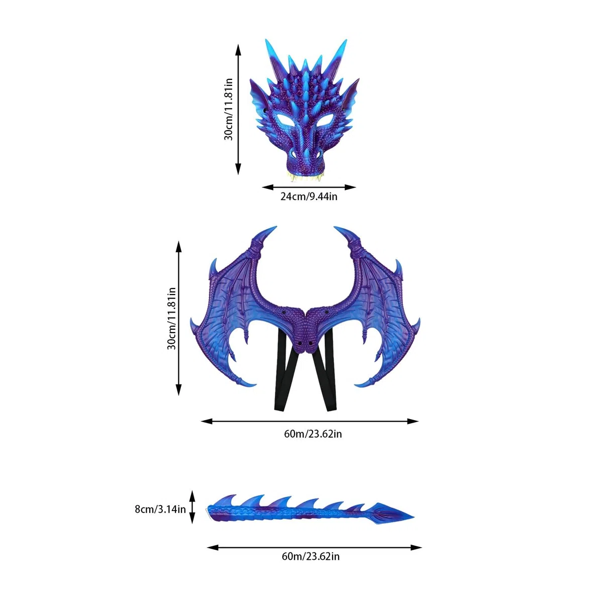 Costume da drago per bambini ragazzi e ragazze, set maschera con ali e coda di drago, set cosplay dinosauro per Halloween bambino