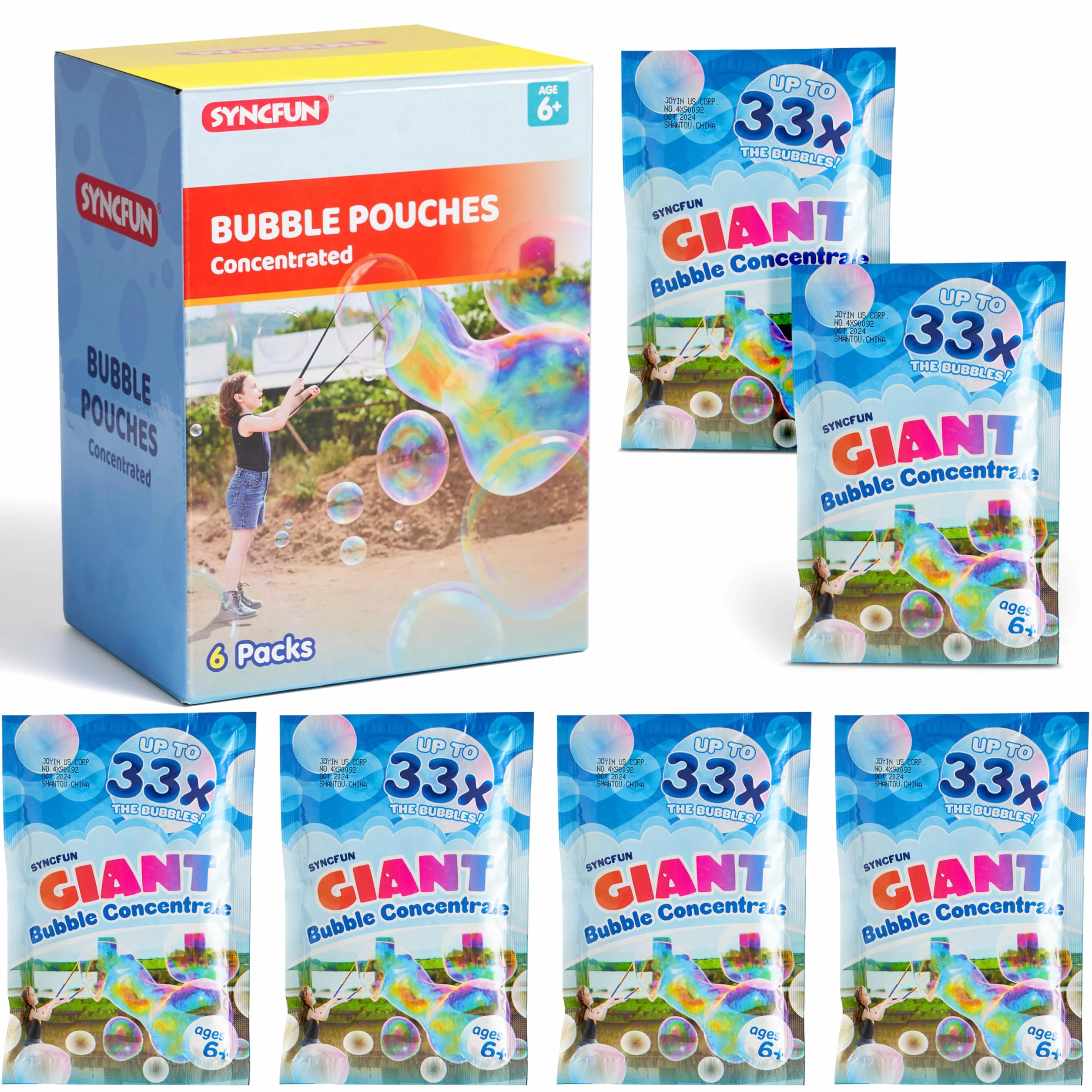SYNCFUN 6 confezioni di soluzione concentrata per bolle giganti (fino a 4,5 galloni), 6 sacchetti di ricarica di soluzione per macchina per bolle, bacchette, soffiatore, Pasqua, attività all'aperto