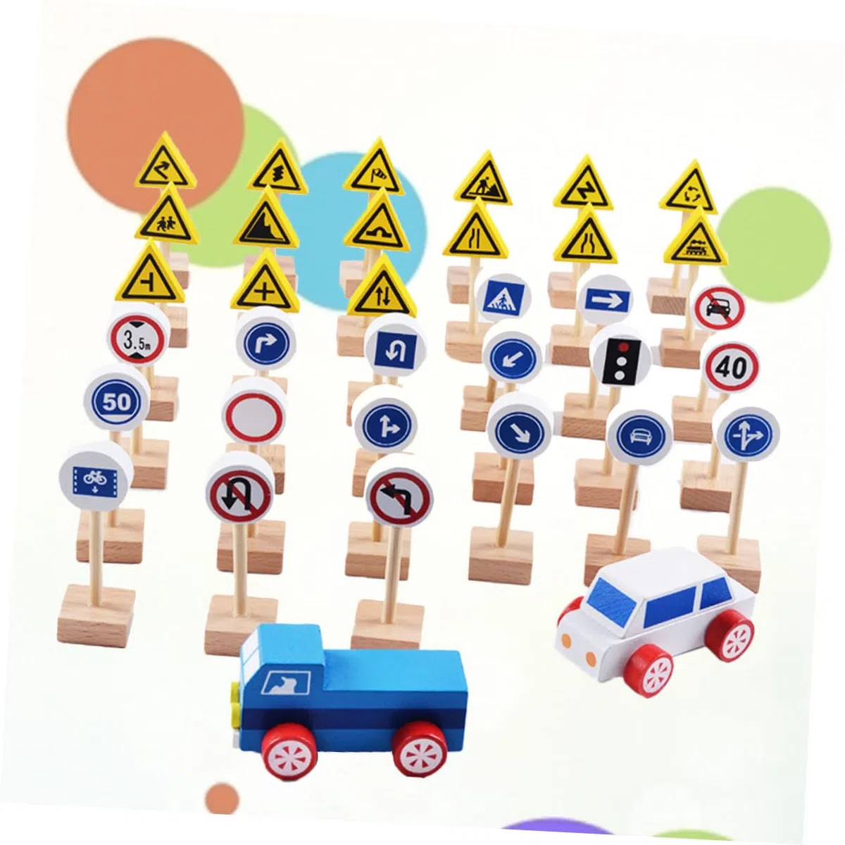 Abaodam 35 Pezzi Segnali Stradali in Legno Faggio Gioco Educativo per Bambini Playset Cartelli Stradali per Bambini per Apprendimento Traffico E Sviluppo Abilità