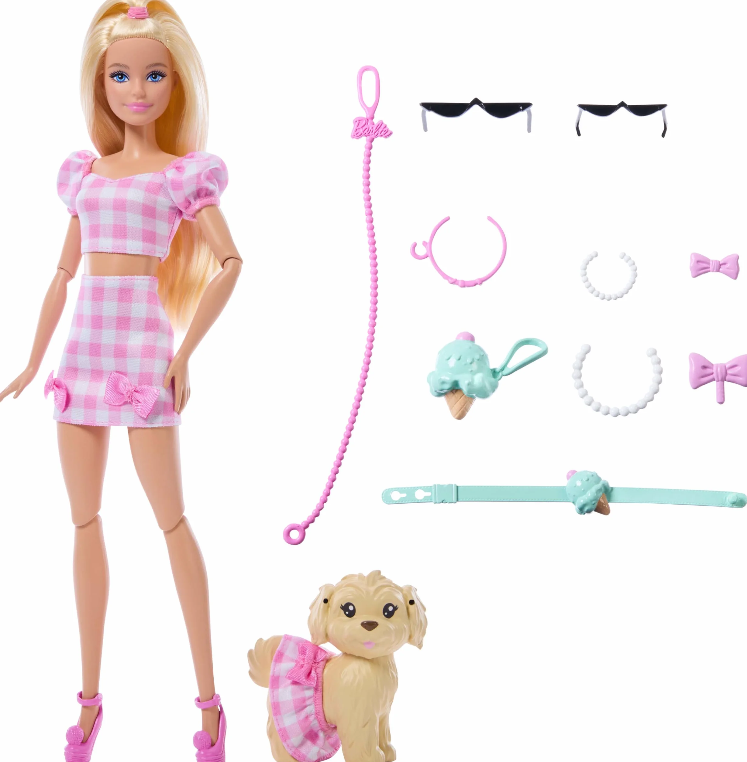 Barbie - Twinning Looks, bambola bionda e cagnolino in abiti rosa a quadretti abbinati, accessori per entrambi, occhiali da sole, collane e fiocchi, giocattolo per bambini, 3+ anni, JFP36