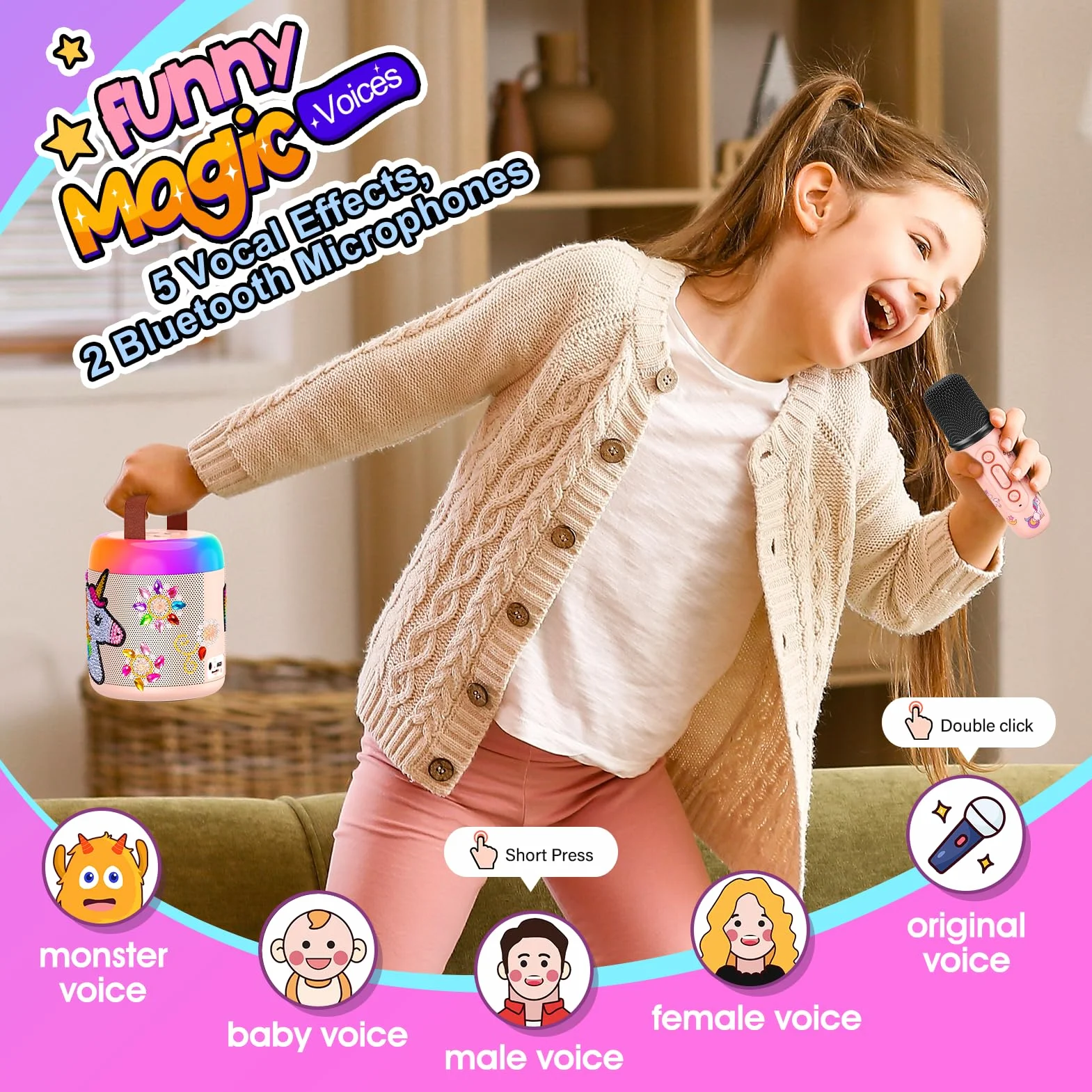 Microfono Bluetooth Karaoke bambino 3-12 Anni Giochi Regali Unicorno