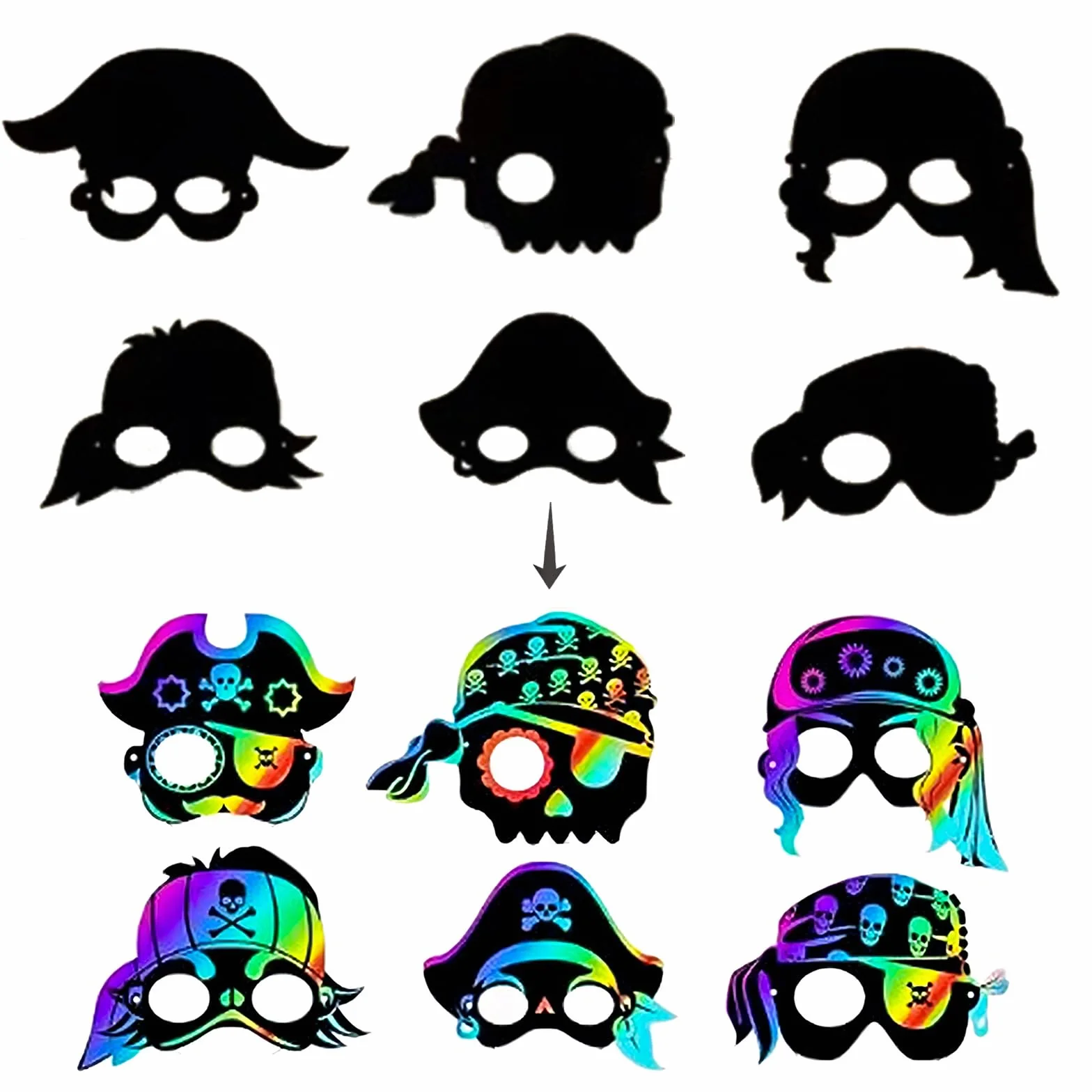 Qpout 48 maschere da graffio a tema pirata arcobaleno, per compleanni, Halloween, feste in maschera
