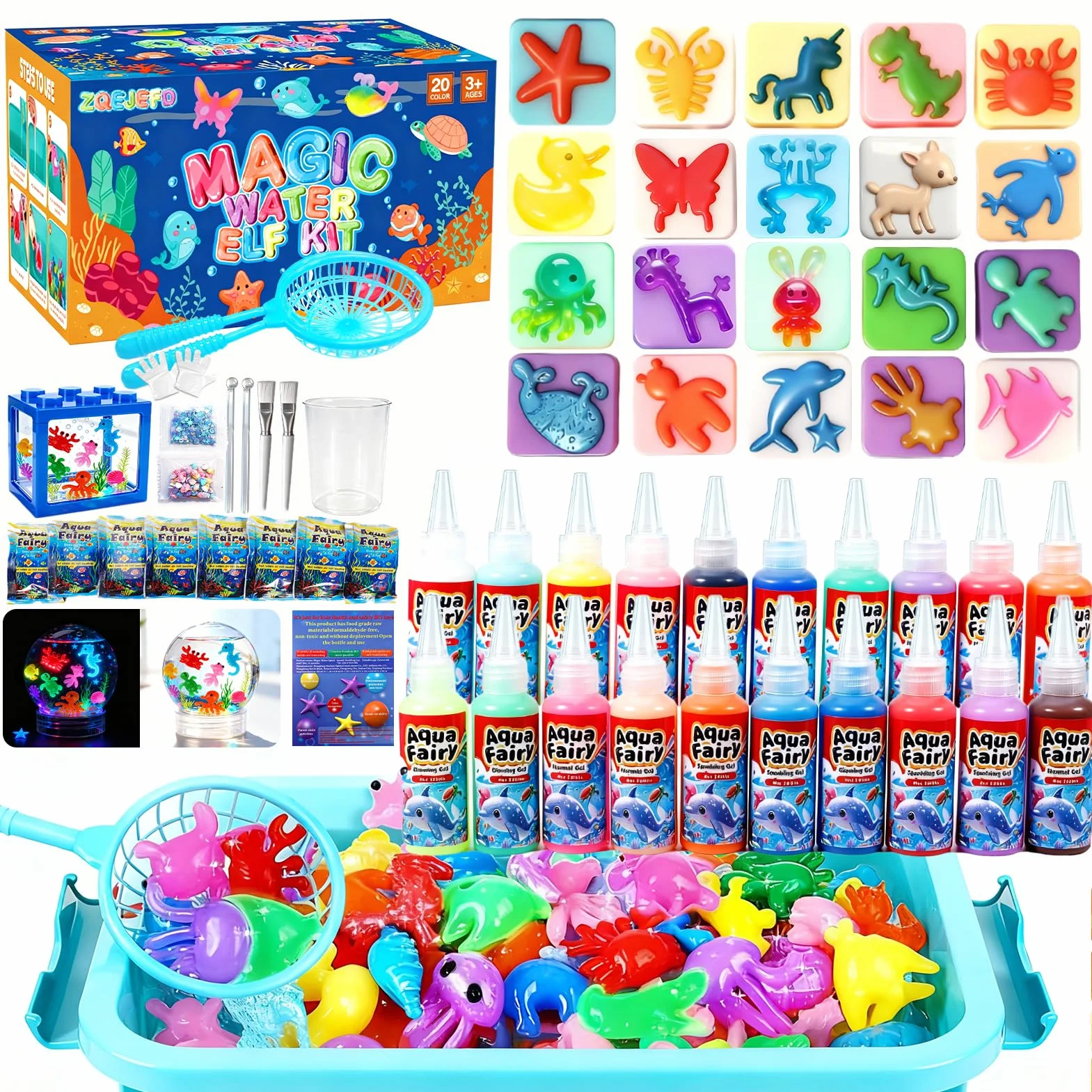 ZQEJEFD Magic Water Gel Toy Kit 63 PCS, Aqua Gelz Set con 20 Colori & 20 Forme, DIY Gel Magico per Bambini, Creatività Montessori, Laboratorio Artistico Regalo per Bambini 3 4 5+,Ragazzi e Ragazze