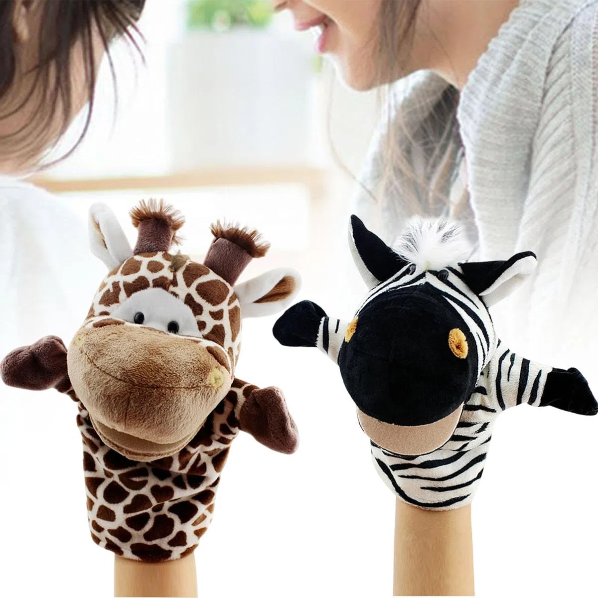 2 Pezzi di burattini da Mano a Forma di Animale, Simpatici Pupazzi di Peluche Morbidi per Giochi Divertenti, bomboniere, Strumento didattico per, Giraffa Zebra