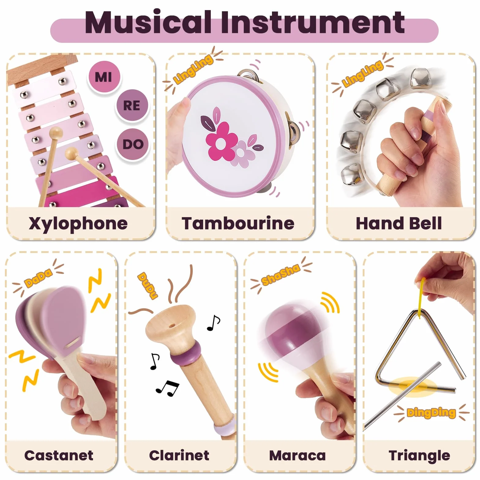 BUYGER Strumenti Musicali per Bambini con Xilofono Tamburi, Giocattolo Musicale Legno, Giochi Montessori 1 + Anno, Regalo per Bebe Bambini Bambina