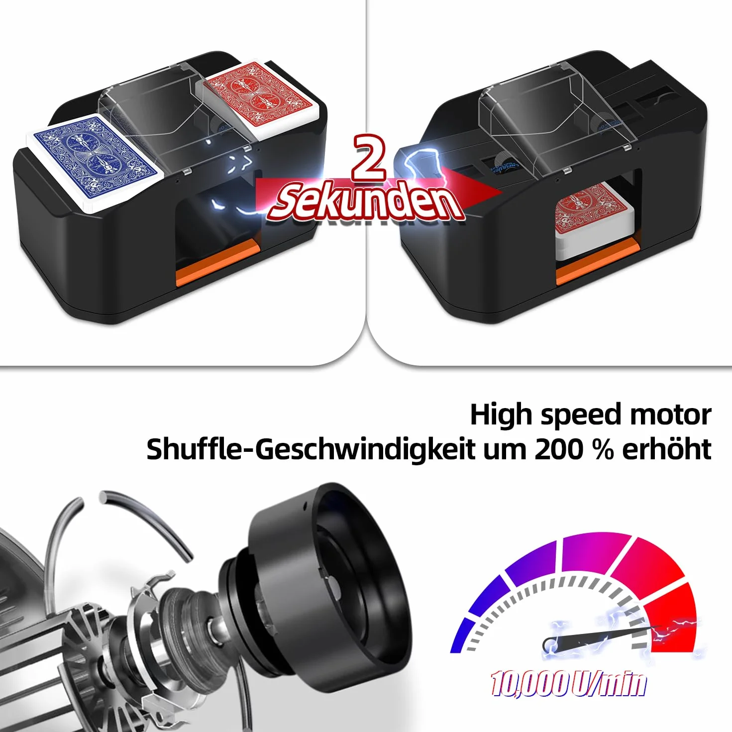 Mescolatore automatico di carte – Silenzioso e con batteria da 2000 mAh – Mescola 2 mazzi di carte – Compatibile con Poker, Bridge, Rommé, Skat
