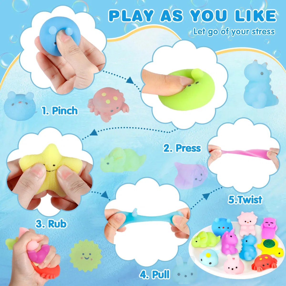 Purpledi Squeeze Toys Squishy Giocattoli 50 pezzi per Feste per Bambini, Giocattoli Antistress da Spremere Morbidi , Regalo di Natale,Regalini Fine Festa Compleanno