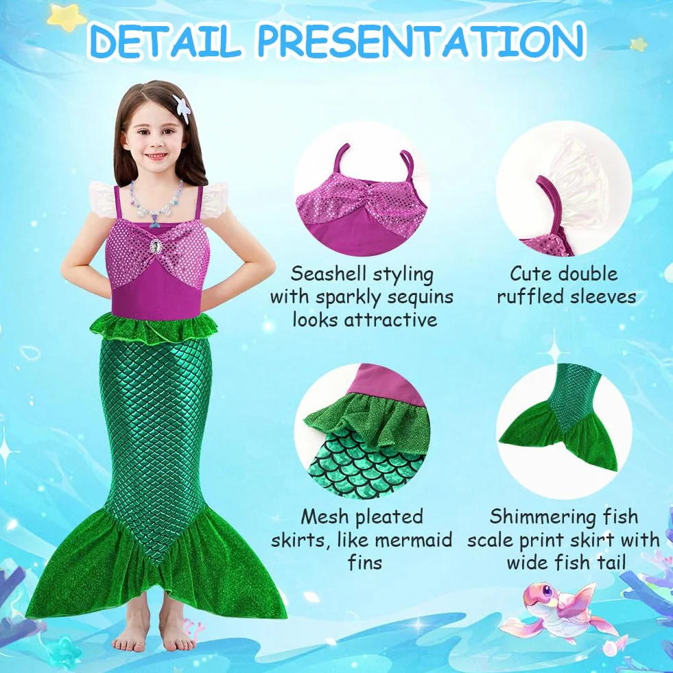 AOOWU Costume da Sirenetta Bambina, Vestito con Parrucca, Ariel Bambine Sirena con 5 Pezzi Accessori, Costumi Cosplay per Halloween, Natale, Compleanno