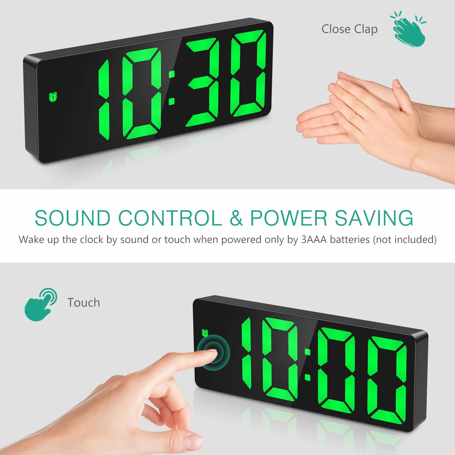 ORIA Sveglia Digitale da Comodino, Sveglia LED con Attivazione Vocale e Touch, Orologio da Tavolo con Data, Temperatura, Snooze, Luminosità su 3 Livelli, Alimentazione a Batteria/USB per Casa - Verde