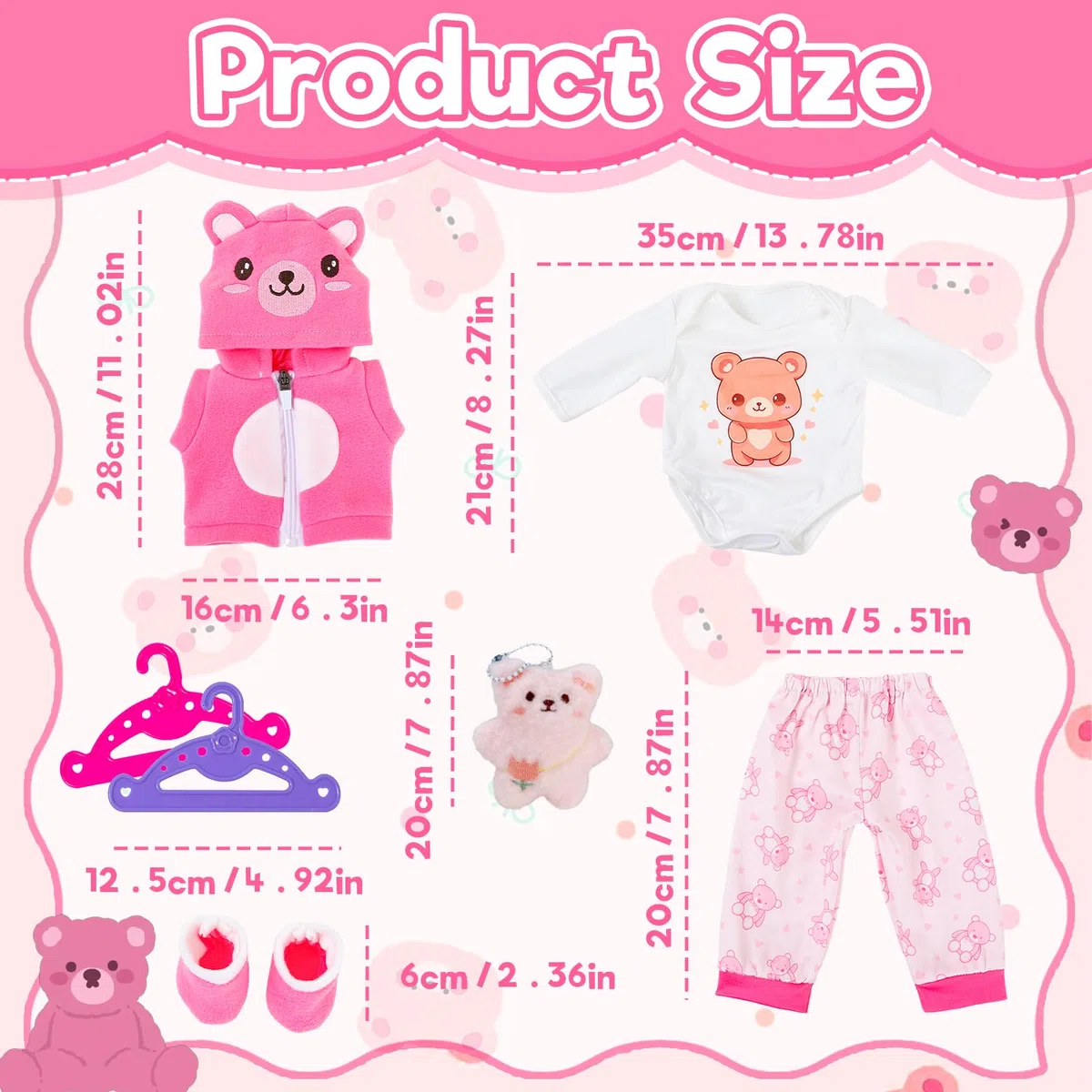 Vestiti per bambole da 35 a 43 cm, 8 pezzi rosa orsacchiotto, accessori per bambole con pagliaccetto, pantaloni con cappuccio, scarpe con orsetto, bambola, 2 grucce per bambole da 14 a 18 pollici