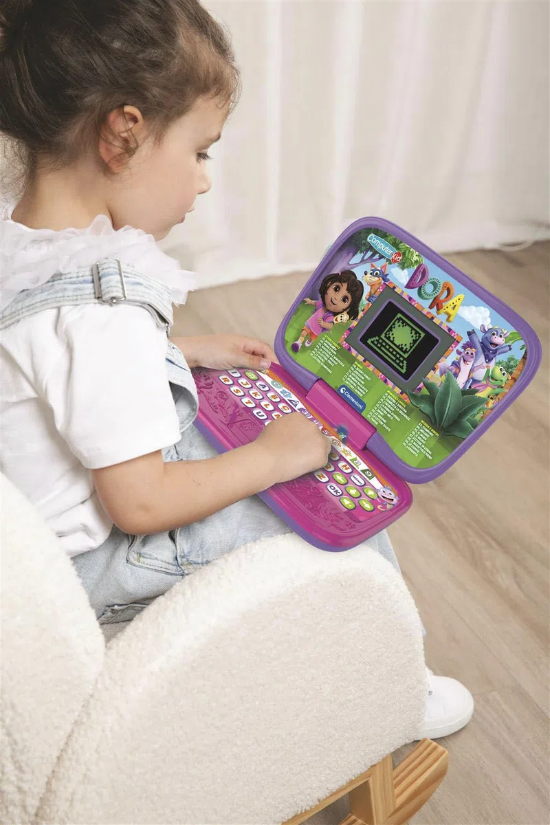 Clementoni - Computer Kid Dora Laptop Educativo Bambini 4+ Anni, 30 attività Educative per Imparare Lettere, Numeri, Parole, Logica e Musica, Lingua Italiana, 16521
