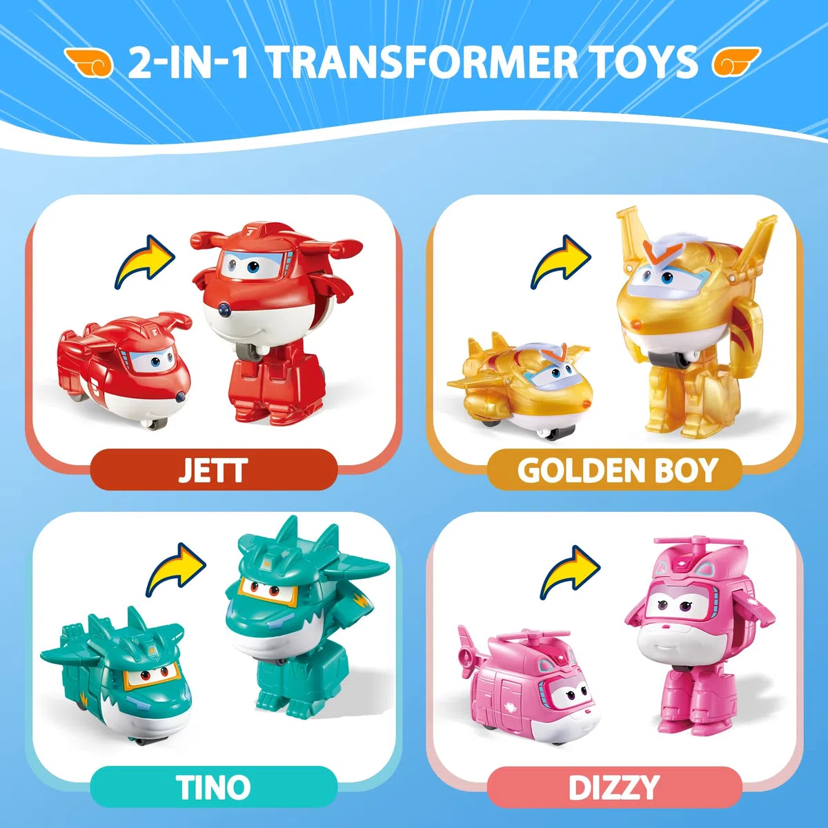Super Wings Personaggi Trasformabili, Confezione da 4 Pack, 5 cm Jett & DIzzy & Golden boy & Tino, Giocattoli per Bambini 3+ Anni, Senza Batterie, Plastica ABS Sicura, Action Figures da Collezione