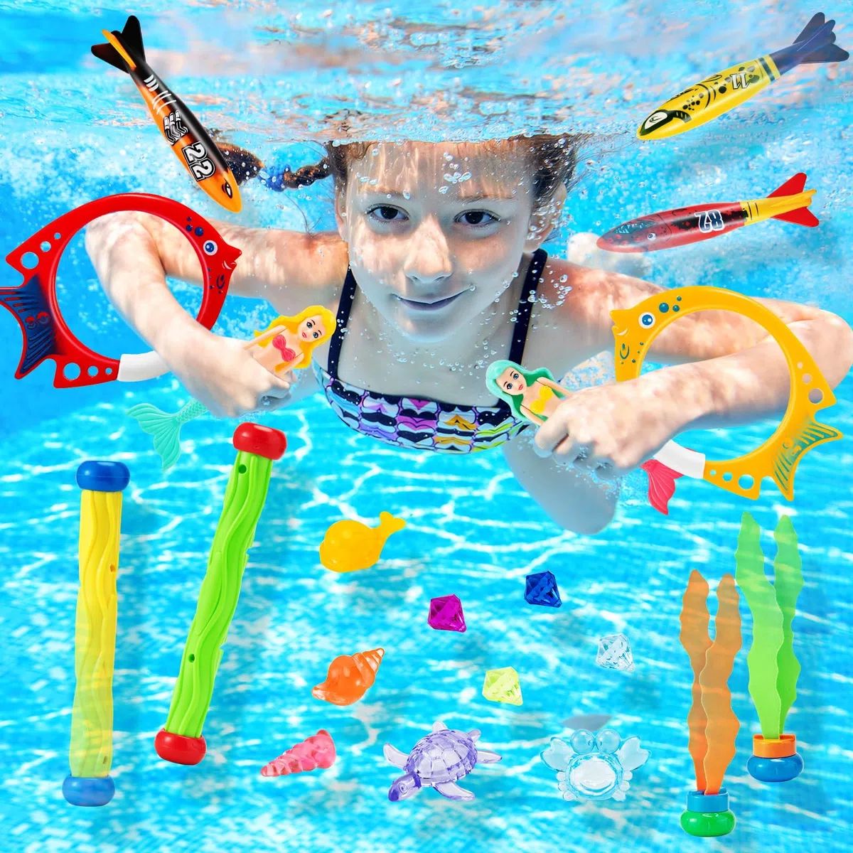 Mactoou Giocattoli da Immersione, 24 Pezzi Giochi Piscina Bambini, Immersioni per Nuoto Gemme per Giocattoli Subacquei, Giochi Acqua Regalo con Borsa per Bambina Bambini