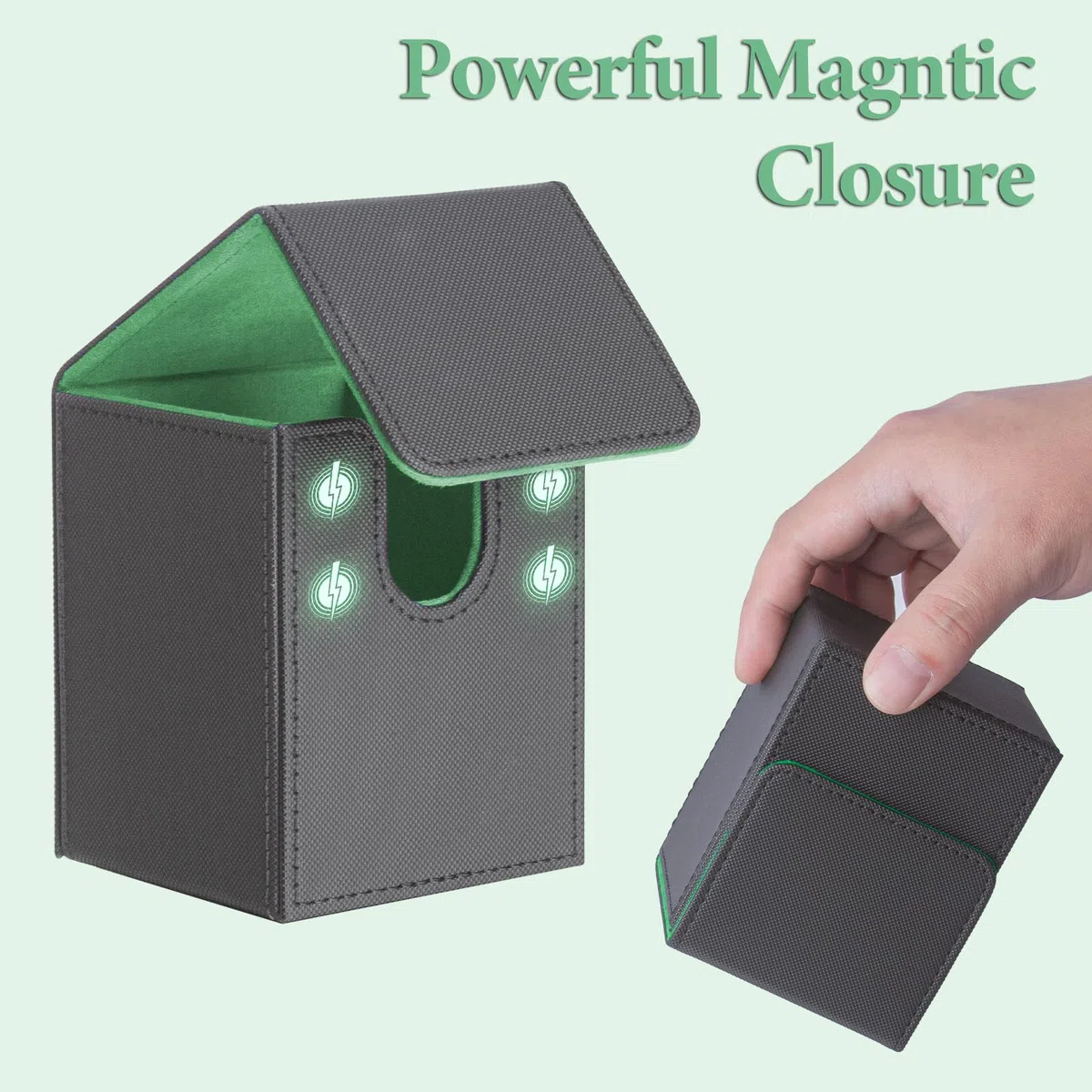 ECOSEAO Scatola Box Porta Carte, MTG Deck Box, Porta Deck Capacità 100+ Carte, con 2 Piastra di Partizione, Magnetic Flip Deckbox per YuGiOh TCG(Nero-verde)