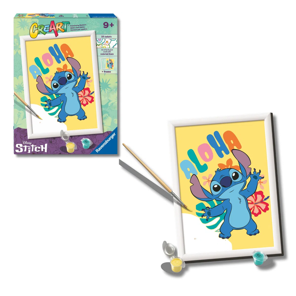Ravensburger CreArt: Aloha Stich – Dipingere con i Numeri per Bambini 9+ Anni, Kit Pittura con Tavole, Cornice, Pennello e Colori Inclusi, 25 x 18,30 cm, Idee Regalo Disney