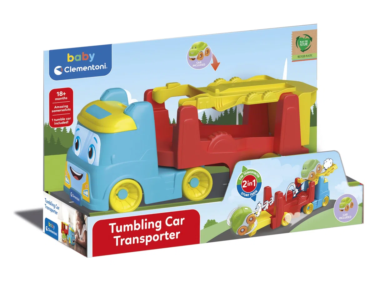 Clementoni - Camion Giocattolo per Bambini, Tumbling Car Transporter in Plastica Riciclata con Camion Trasportatore, Pista per Auto e Macchinina, Gioco Prima Infanzia 18-16 Mesi, Made in Italy, 17892
