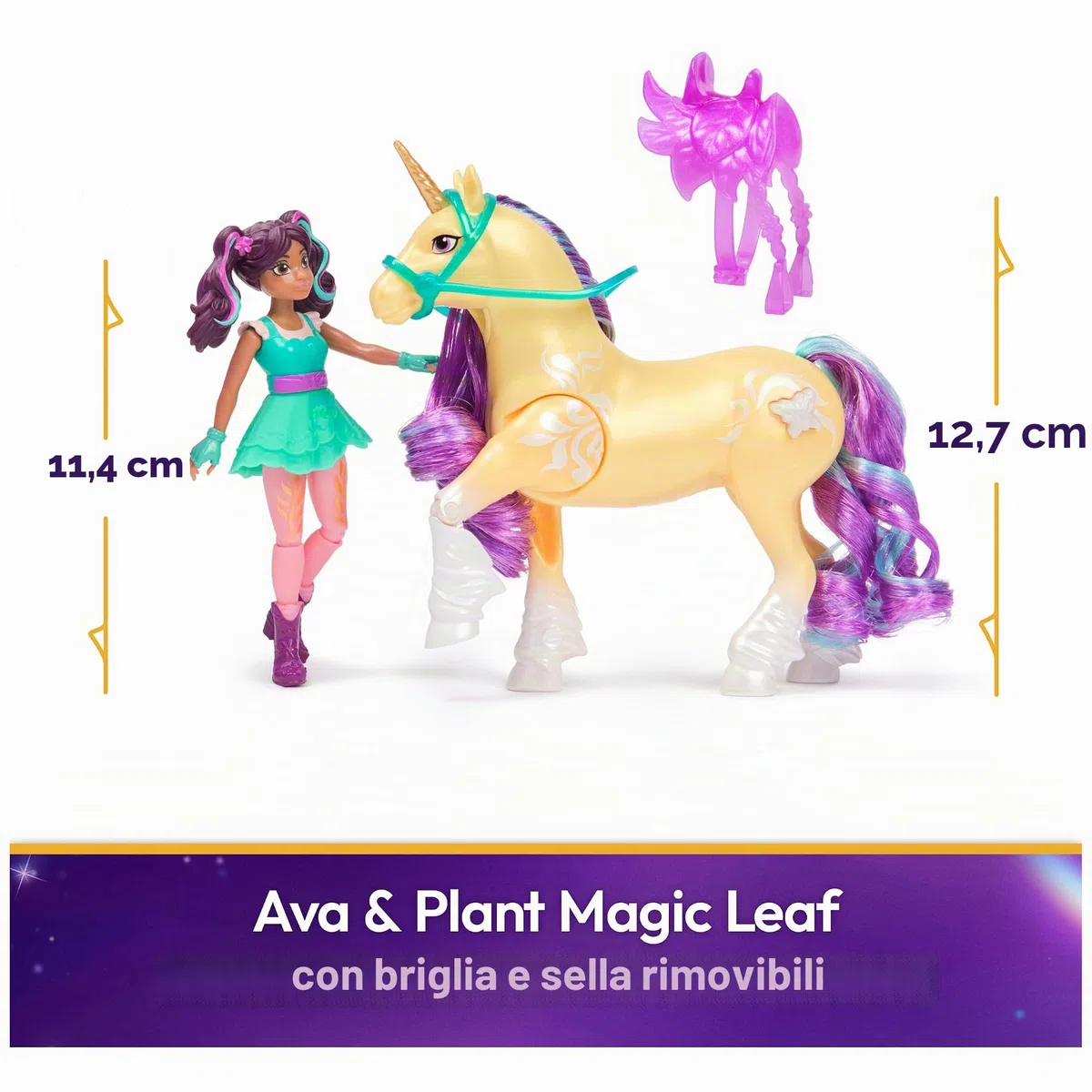 Unicorn Academy Set – AVA e pianta Magica Foglia con Vera criniera e Coda e Funzione Luminosa Magica, Circa 12 cm Personaggi Originali della Popolare Serie Netflix, per Bambini dai 4 Anni in su