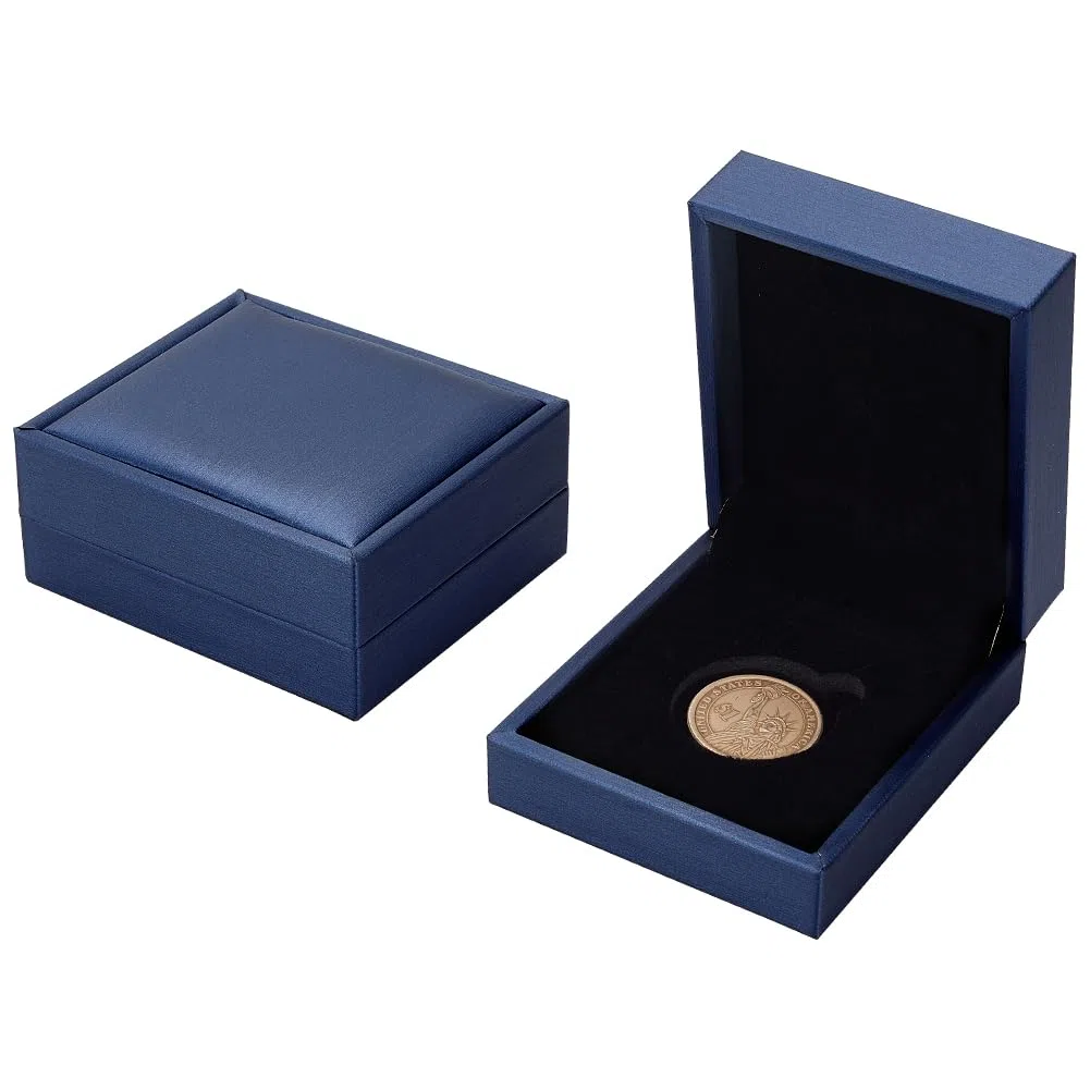 FINGERINSPIRE 2 scatole di presentazione di monete da 30 mm in acciaio blu rettangolare in similpelle con velluto per monete commemorative, medaglie, distintivi, confezione regalo