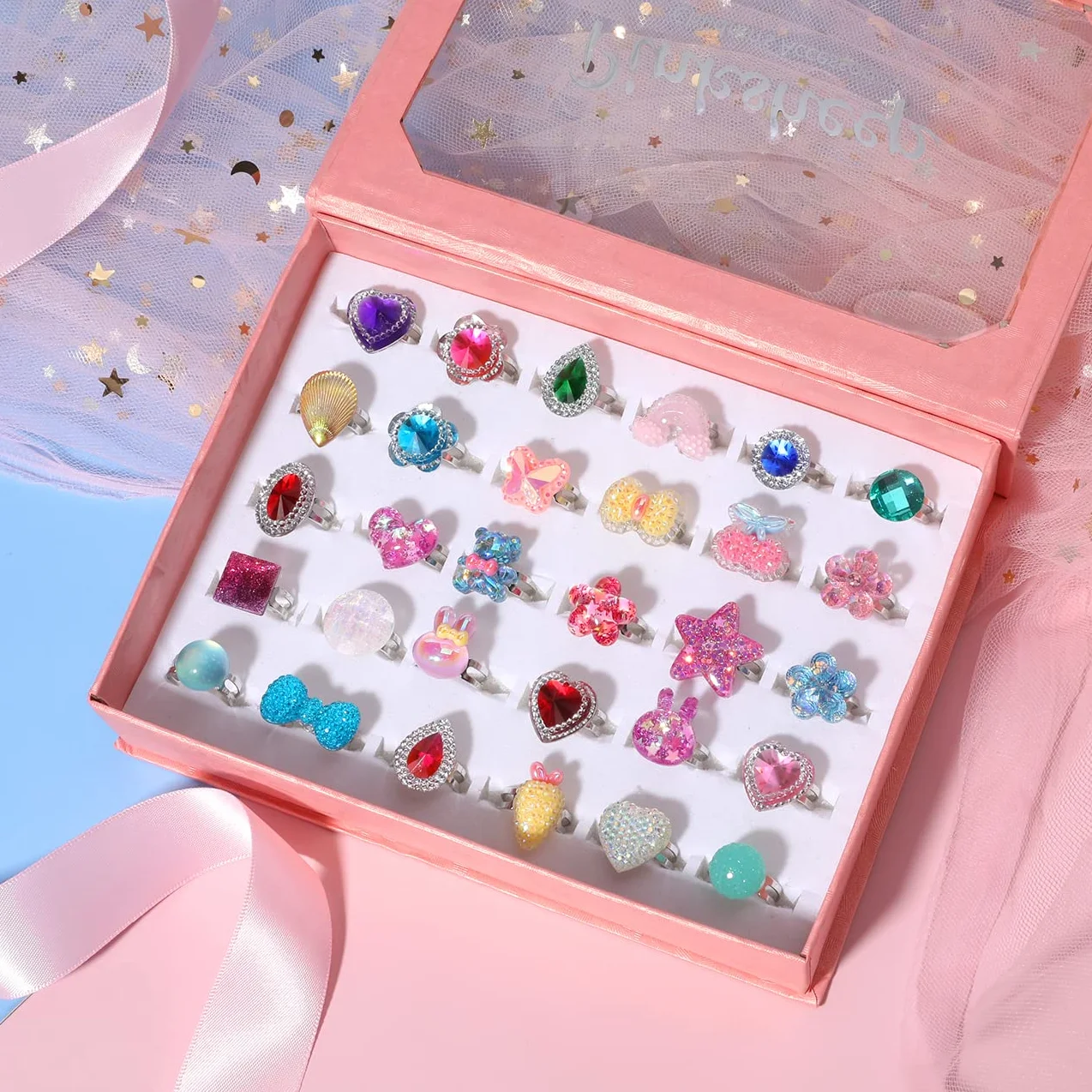 PinkSheep Little Girl Jewel Rings in Box, Adjustable, No duplication, Girl Pretend Play and Dress Up Rings (30 Jewel Ring)