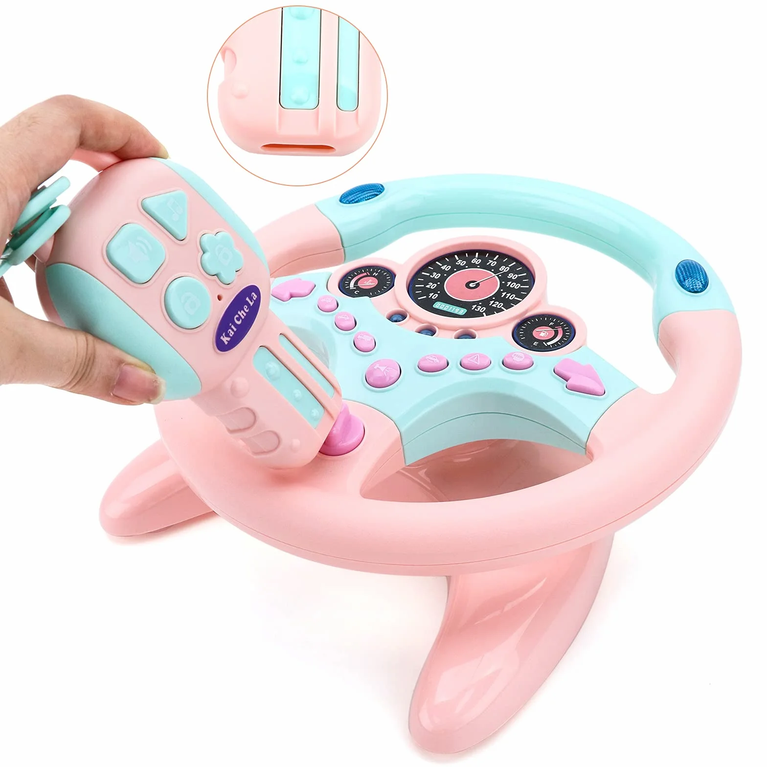 deAO Volante Auto Bambino Simulatore di Guida Bambino Volante Portachiavi con Rotazione a 360°, Funzioni sonore e Luminose (Rosa)