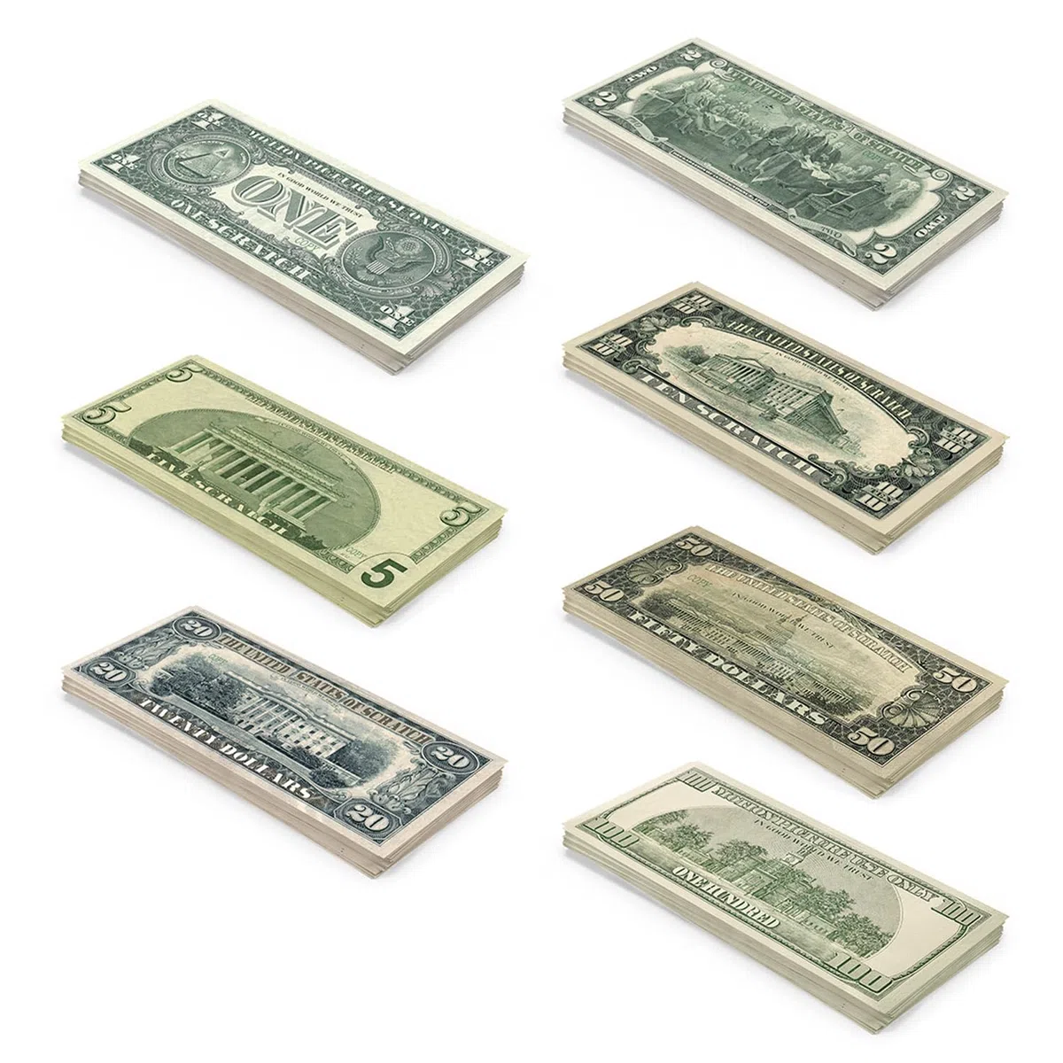 Scratch Cash Mini Bundle Old Style 175 - Banconote Finte 25 x $ 1, 2, 5, 10, 20, 50, 100 Dollari, Fac-Simile Dollari, Dimensioni Reali