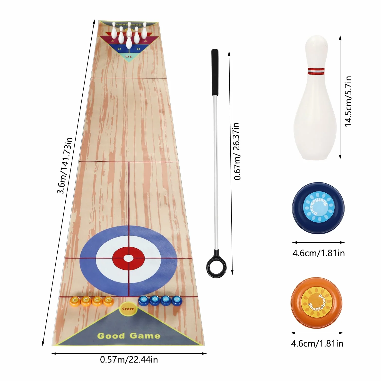 Set di giochi da tavolo 3 in 1, shuffleboard bowling curling, gioco di famiglia, con 2 aste di spinta e 8 arricciature e 6 pin, tavolo Top Games per casa, ufficio, feste