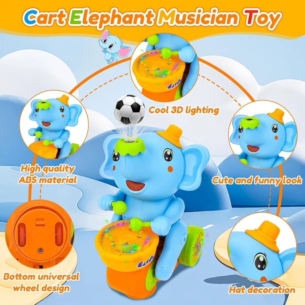 Giocattolio musicale dell'elefante che cammina con tamburi e luci LED, giocattolo interattivo per bambini con suoni, giocattolo mobile per elefanti per bambini piccoli, giocattolo educativo precoce