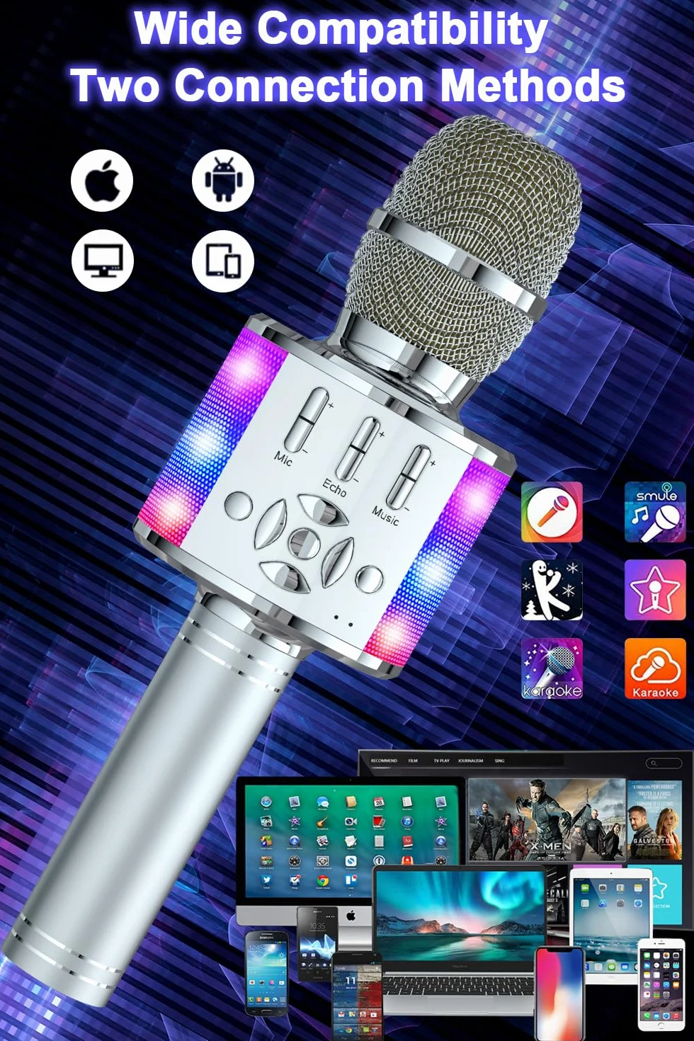 BONAOK Microfono Karaoke con Cambio Voce, Altoparlante LED per Adulti, Dispositivo Bluetooth per Casa KTV
