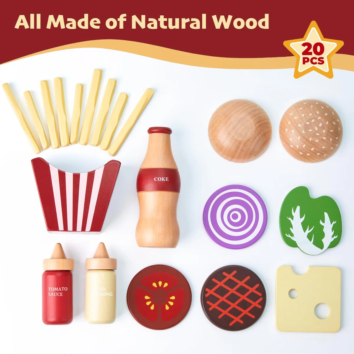 Toywoo Cibo da gioco in legno per bambini Set di hamburger Fast Food ToyPlay Accessori da cucina per i più piccoli Giocattolo Cibo Regalo per Ragazzi Ragazze Giocattoli Educativi