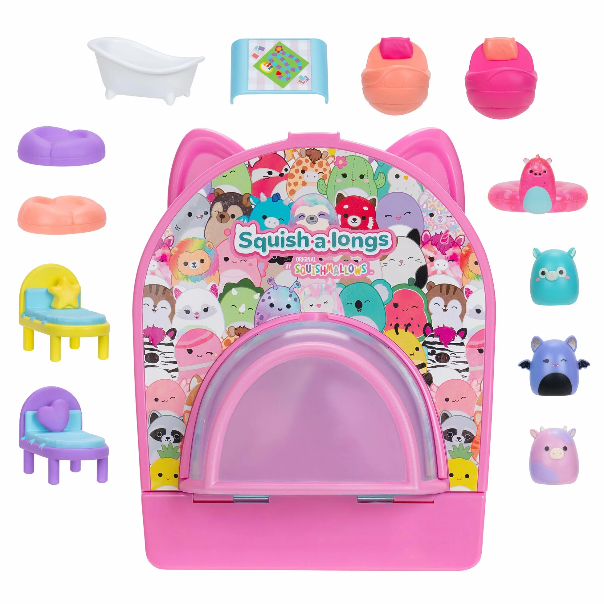 Squish-a-longs Original Squishmallows Party Pack On-The-Go Playset - Serie 1 - Tre mini squish da 2,5 cm con 9 arredi - Colleziona, scambia e gioca