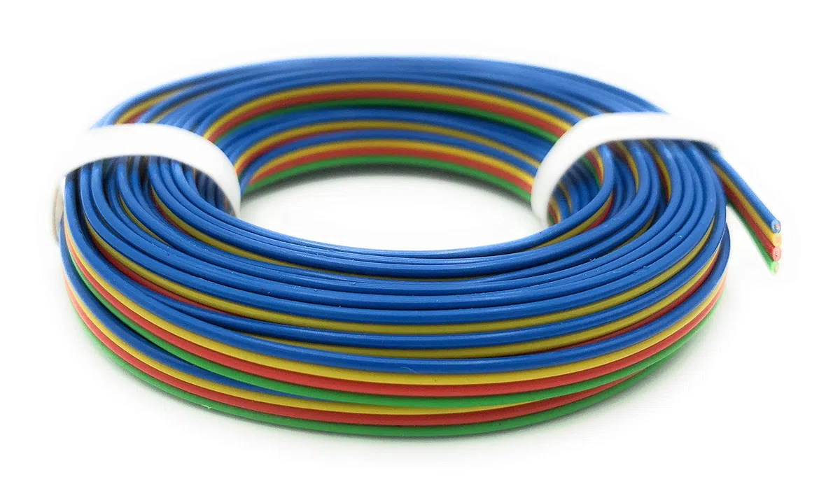 Cavo L418/5 - Filo in rame 4 x 0,14 mm² - Cavo piatto a 4 fili - 4 colori: blu, giallo, rosso, verde - RGB - 5 m