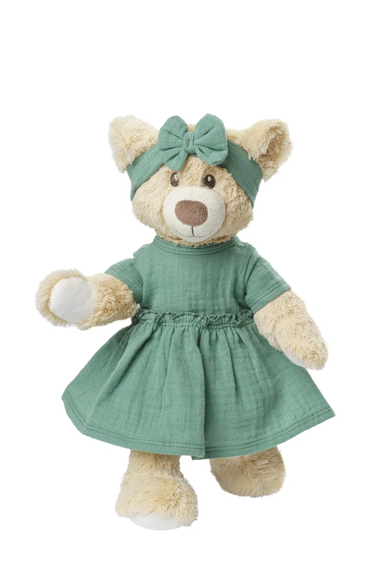 Heless 1424 - Vestiti per Bambole in 100% Cotone Biologico, Set di 2 Pezzi con Vestito e Fascia per Capelli in Verde Salvia per Bambole e Peluche di Dimensioni 28-35 cm