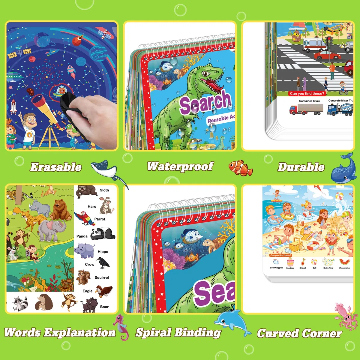 Cerca e trova libro per bambini dai 4 ai 6 anni, 3-8 anni, blocco attività riutilizzabile con 24 libri di attività per bambini, giocattoli educativi per bambini dai 3 anni in su, elementi essenziali
