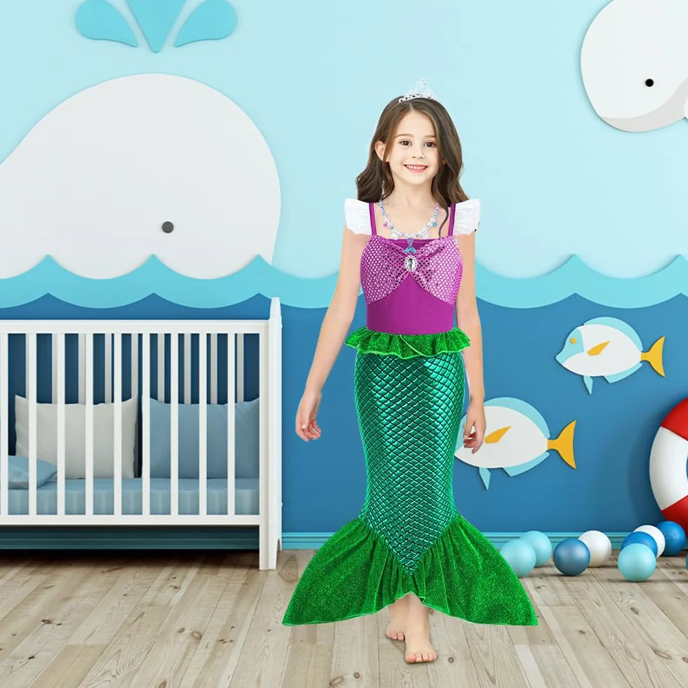 AOOWU Costume da Sirenetta Bambina, Vestito con Parrucca, Ariel Bambine Sirena con 5 Pezzi Accessori, Costumi Cosplay per Halloween, Natale, Compleanno