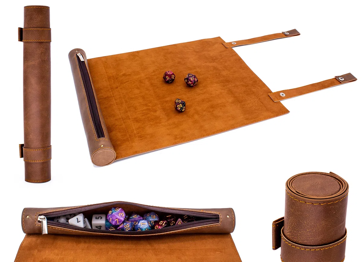 Lore - Tappetino per Scrivere su Dadi per Penna e Carta, per Giochi di Dadi Come DND, Cthulhu, DSA, Arrotolabile, Scomparto per Penna e Chiusura a Bottone (Pelle Sintetica, Marrone, Come Base a cubo)