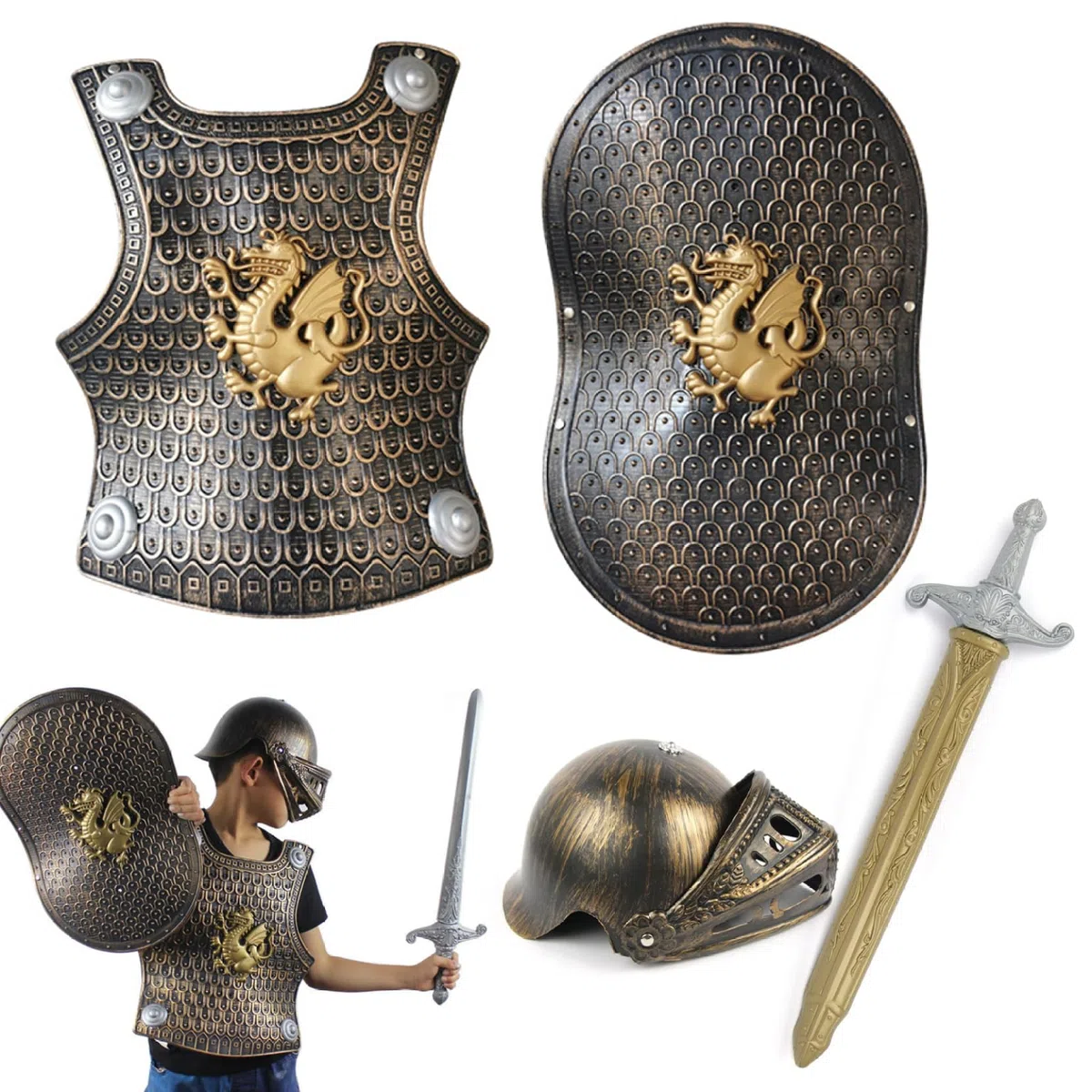 4 Pezzi/Set Costume da Cavaliere per Bambini Armatura da Cavaliere in plastica con Casco Spada e Scudo per Bambini per Feste a Tema VBS Vestire Costumi di Ruolo