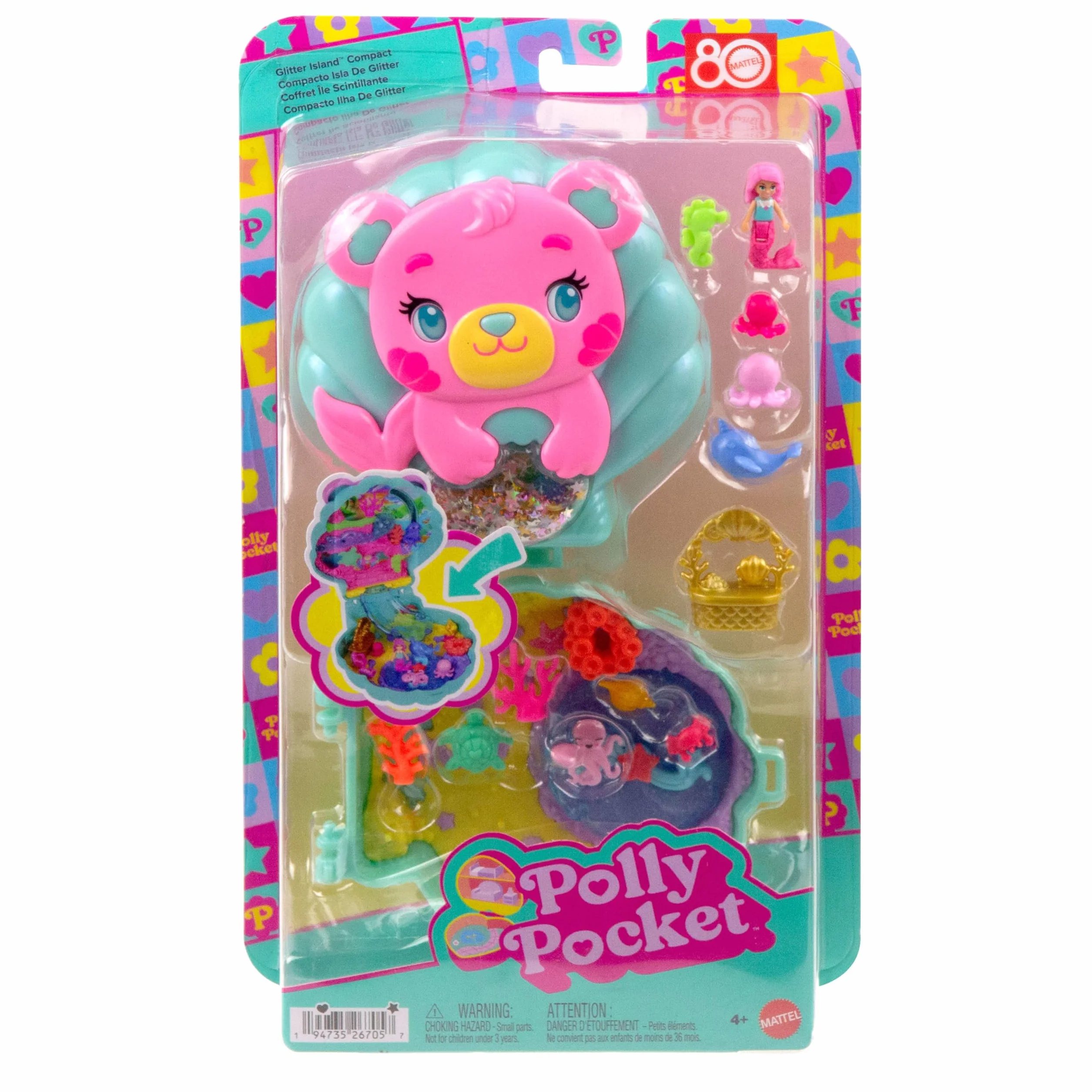 Polly Pocket - Cofanetto Magici Glitter, set portatile a forma di conchiglia con una microbambola sirena, cuccioli marini e 11 accessori a tema inclusi, giocattolo per bambini, 4+ anni, JCB16
