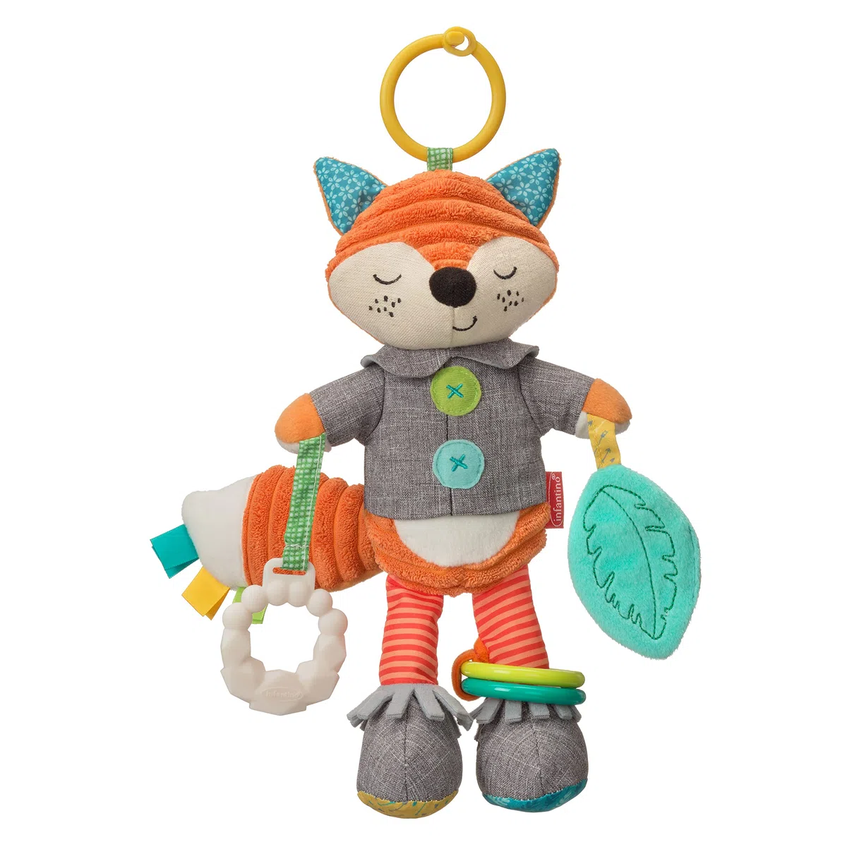 Infantino Go Gaga volpe di peluche, giocattolo sensoriale per neonati da applicare al passeggino o alla carrozzina con massaggia gengive e sonaglio