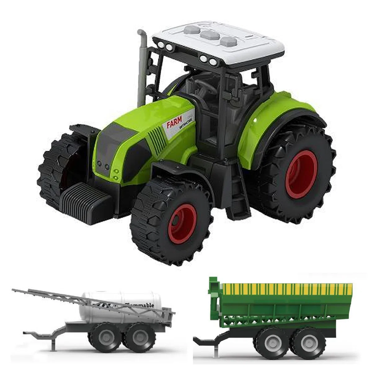 Scala 1:36 macchinina agricola inerziale per bambini, trinciacaricatrice, azienda agricola, agricoltura，3 effetti sonori simulati, luci, trattore + 2 rimorchi (Trattore + rimorchio)