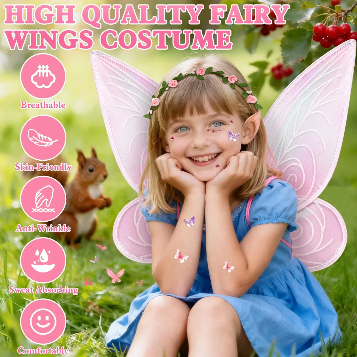 Ali da fata, ragazze Fairy Wings Costume,5 pezzi ali di farfalla con orecchie da elfo delle Fate Bacchetta Magica adesivi, Ali da Fata per Bambini per Halloween Carnevale Festa a Tema（Rosa）