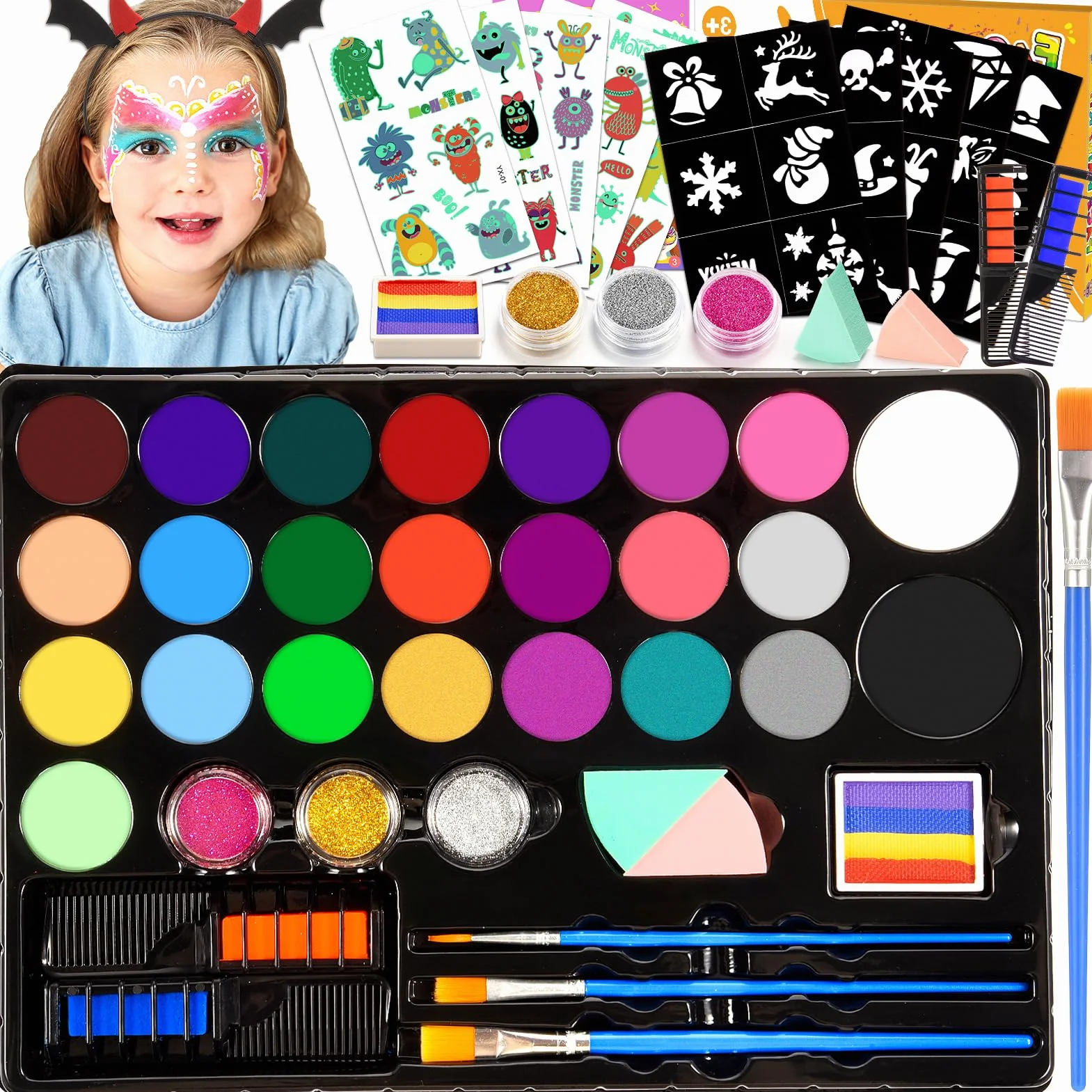 Truccabimbi Kit - 28 Colori Truccabimbi Kit Anallergici Atossici Professionali con 3 Pennelli 30 Stencil Regalo Bambina 3 4 5 6 7 8 9 Anni- Trucca Bimbi Viso Bambini per Halloween, Carnevale, Pasquale
