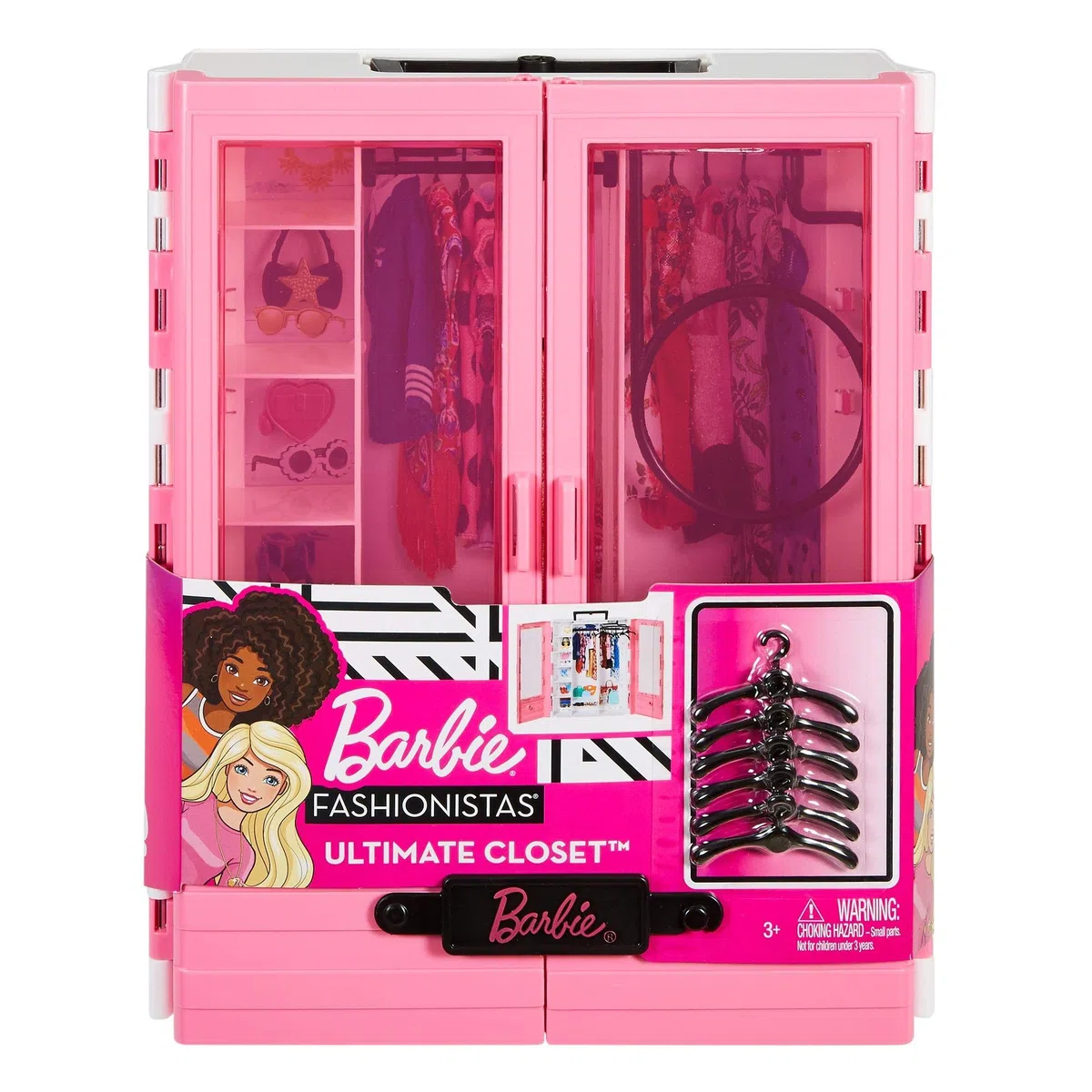 Barbie - Armadio da Sogno Fashionistas, armadio rosa trasportabile con tanti accessori trendy inclusi, sei appendini e tanto spazio per riporre i vestiti, giocattolo per bambini, 3+ anni, GBK11
